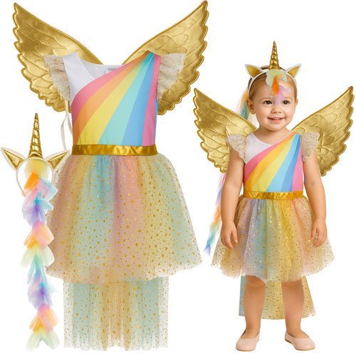 Einhorn Kostüm für Kinder 3 - teilig mit Kleid Flügel Stirnband 110 - 116 cm - Easy2sell - Deluxe