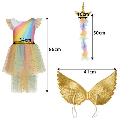 Einhorn Kostüm für Kinder 3 - teilig mit Kleid Flügel Stirnband 110 - 116 cm - Easy2sell - Deluxe