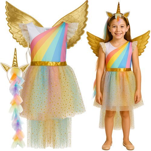 Einhornkostüm für Kinder 3 - teilig – Kleid Flügel Haarreif Mehrfarbig 122 - 128 - Easy2sell - Deluxe
