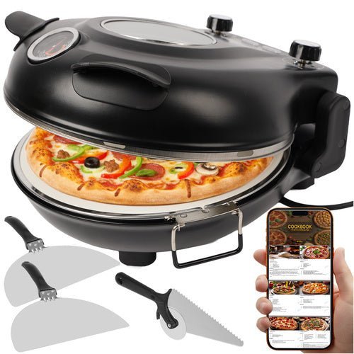 Elektrischer Pizzaofen 420°C mit Pizzastein 1200W Mini - Backofen Schwarz - Easy2sell - Deluxe