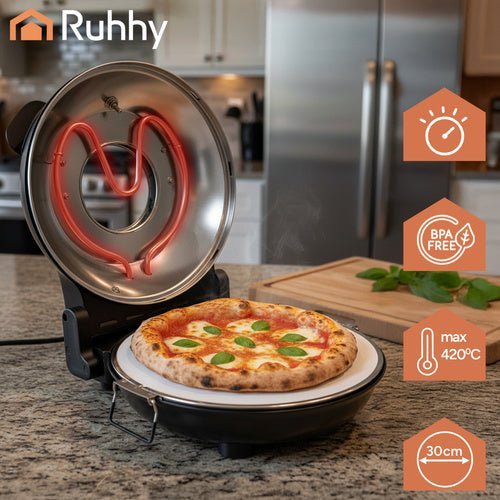 Elektrischer Pizzaofen 420°C mit Pizzastein 1200W Mini - Backofen Schwarz - Easy2sell - Deluxe