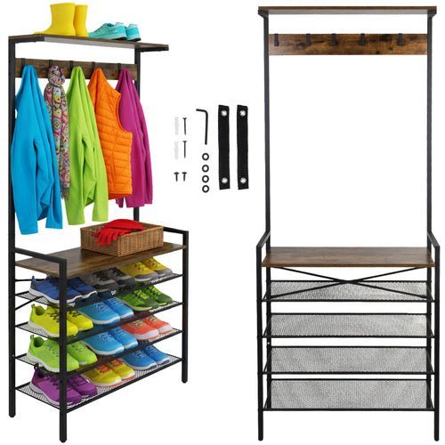 Garderobenständer mit 4 Schuhablagen und 5 Haken Metall Schwarz 183cm - Easy2sell - Deluxe