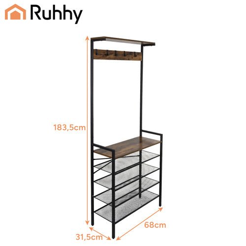 Garderobenständer mit 4 Schuhablagen und 5 Haken Metall Schwarz 183cm - Easy2sell - Deluxe
