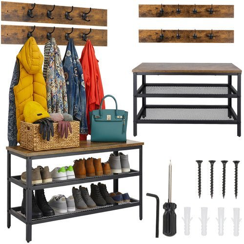 Garderobenständer mit Sitzbank und Schuhregal – Metall & Holz, Braun - Easy2sell - Deluxe
