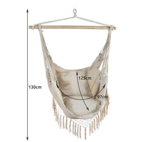 Hängesessel mit 2 Kissen und Holzquerstange – Beige Baumwolle 120kg - Easy2sell - Deluxe