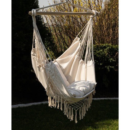 Hängesessel mit 2 Kissen und Holzquerstange – Beige Baumwolle 120kg - Easy2sell - Deluxe