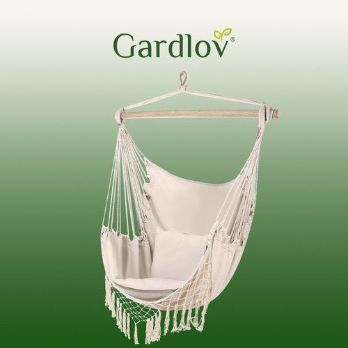 Hängesessel mit 2 Kissen und Holzquerstange – Beige Baumwolle 120kg - Easy2sell - Deluxe