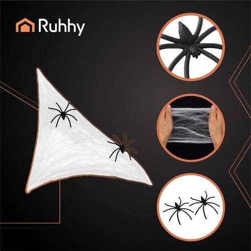 Halloween Spinnennetz mit 2 Spinnen – Weißes Deko - Set Dehnbar bis 2,5m2 - Easy2sell - Deluxe