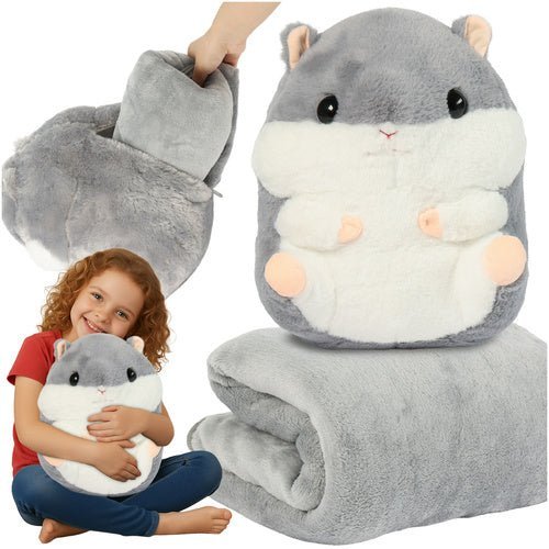 Hamster Kuscheltier 3 - in - 1 mit Decke 105x200cm und Kissen, Grau, Plüsch - Easy2sell - Deluxe
