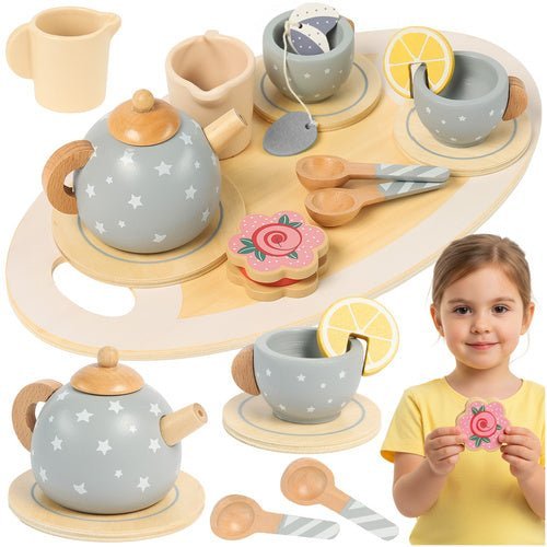 Holz - Teeservice für Kinder – 14 - teiliges Spielset aus Holz in Grau - Easy2sell - Deluxe