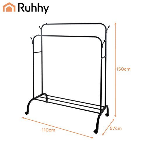 Kleiderständer mit Rollen – Doppelstange Garderobe mit Schuhablage, Schwarz - Easy2sell - Deluxe