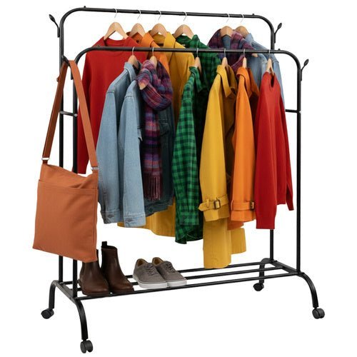 Kleiderständer mit Rollen – Doppelstange Garderobe mit Schuhablage, Schwarz - Easy2sell - Deluxe