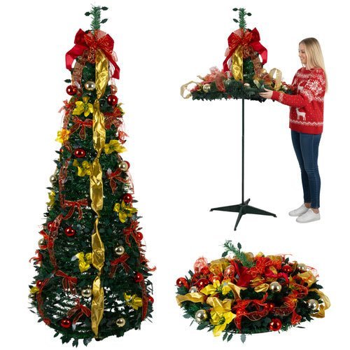 Künstlicher Weihnachtsbaum 180 cm – Faltbar mit Deko in Rot und Gold - Easy2sell - Deluxe