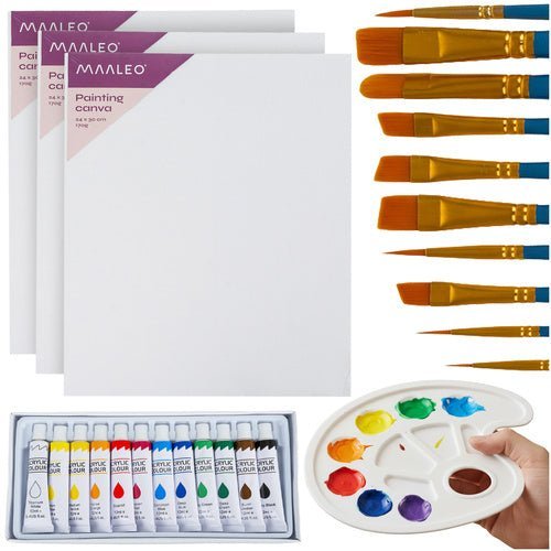 Malset mit Acrylfarben, 10 Pinseln und 3 Leinwänden – 26 - teiliges Kunstset - Easy2sell - Deluxe