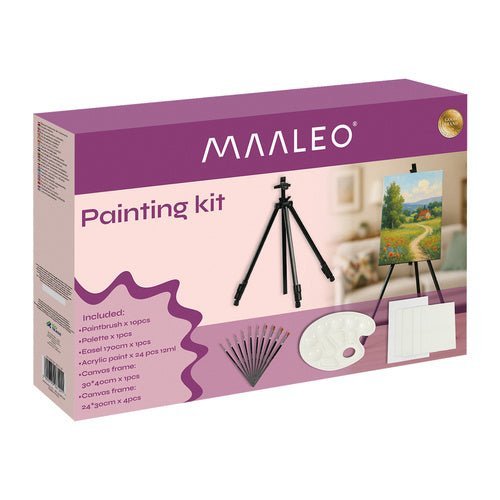 Malset mit Aluminiumstaffelei, 24 Acrylfarben, Leinwänden und Pinseln, 41 - tlg - Easy2sell - Deluxe