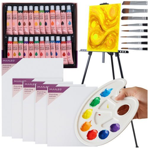 Malset mit Aluminiumstaffelei, 24 Acrylfarben, Leinwänden und Pinseln, 41 - tlg - Easy2sell - Deluxe
