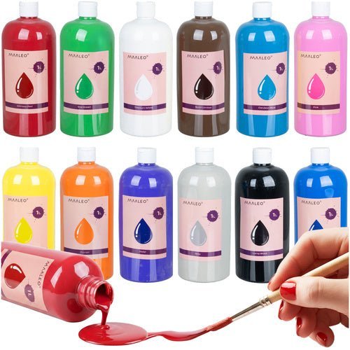 Plakatfarben Set 12 x 1000 ml – Matte Schulfarben mit hoher Deckkraft - Easy2sell - Deluxe