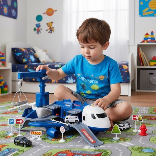 Polizeiflugzeug Spielzeug Set mit 4 Autos, Parkplatz, Licht und Sound – Blau - Easy2sell - Deluxe