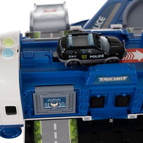 Polizeiflugzeug Spielzeug Set mit 4 Autos, Parkplatz, Licht und Sound – Blau - Easy2sell - Deluxe