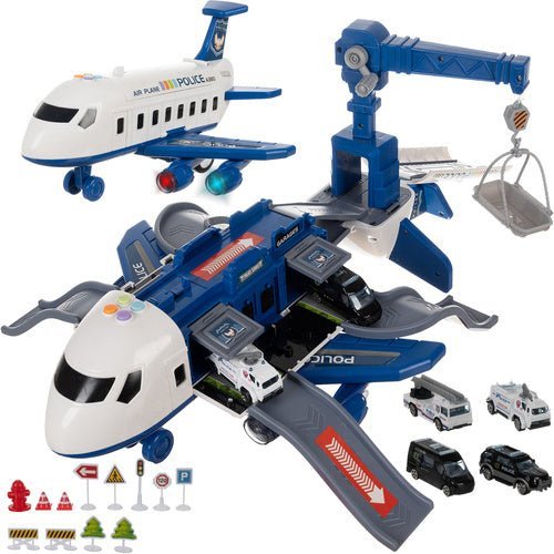 Polizeiflugzeug Spielzeug Set mit 4 Autos, Parkplatz, Licht und Sound – Blau - Easy2sell - Deluxe