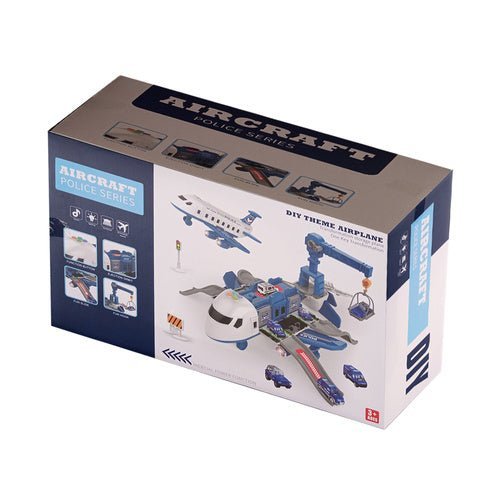 Polizeiflugzeug Spielzeug Set mit 4 Autos, Parkplatz, Licht und Sound – Blau - Easy2sell - Deluxe