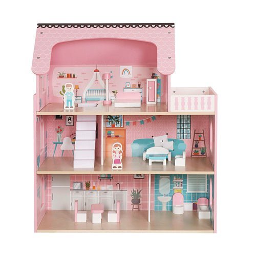 Puppenhaus aus Holz mit LED - Beleuchtung – 3 Ebenen inkl. Möbel & Zubehör - Easy2sell - Deluxe