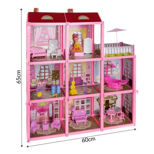 Puppenhaus mit Balkon, 3 Etagen, 8 Zimmer, 22 Möbelstücke & Puppe, 65 cm - Easy2sell - Deluxe