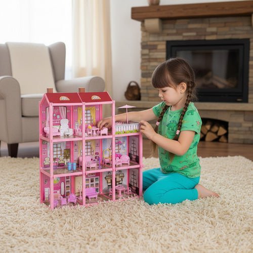 Puppenhaus mit Balkon, 3 Etagen, 8 Zimmer, 22 Möbelstücke & Puppe, 65 cm - Easy2sell - Deluxe