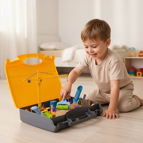 Sandkasten Set im Koffer mit Kran, Baufahrzeugen und 750g Spielsand - Easy2sell - Deluxe