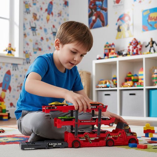 Spielzeug LKW mit Startfunktion und 6 Autos – Autotransporter Set ab 3 Jahren - Easy2sell - Deluxe