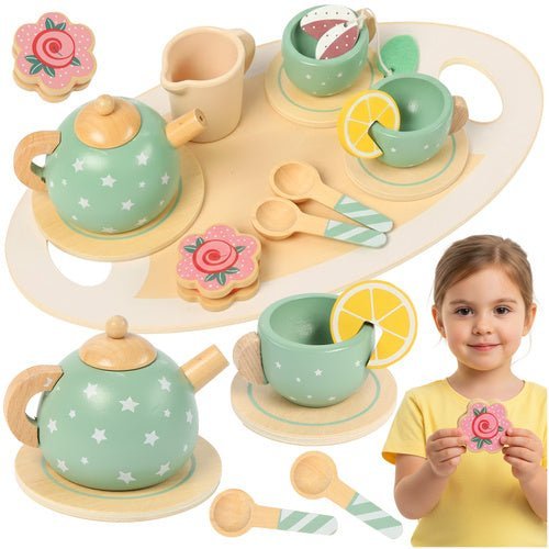 Teeservice für Kinder aus Holz – 15 - teiliges Spielset mit Tablett, Grün - Easy2sell - Deluxe