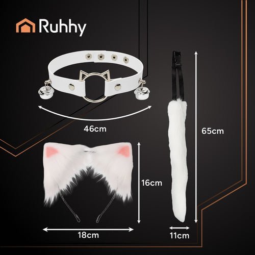 Therian Kostüm Set 3 - in - 1 mit Schwanz Ohren und Halsband in Weiß - Easy2sell - Deluxe
