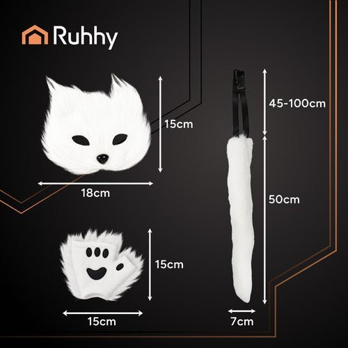 Therian Kostümset 4 - in - 1 – Maske, Schwanz und Pfoten für Cosplay, Weiß - Easy2sell - Deluxe