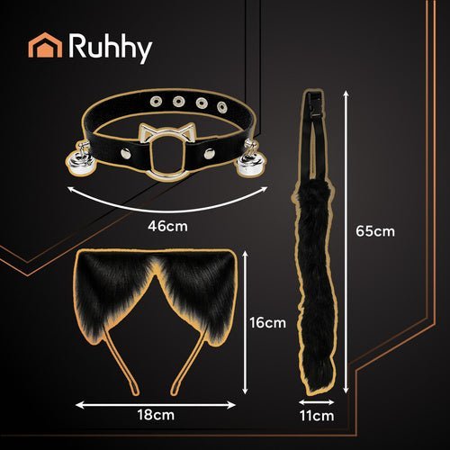 Tierkostüm Set 3 - in - 1 – Katzenohren Schwanz Halsband für Cosplay, Schwarz - Easy2sell - Deluxe