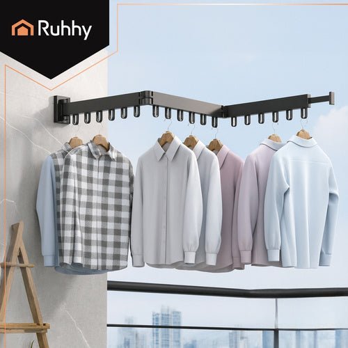 Wäschetrockner Wandmontage Faltbar – Wäscheständer mit 18 Haken Schwarz - Easy2sell - Deluxe