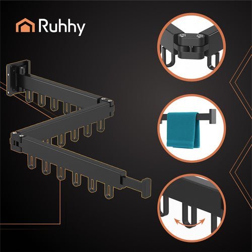 Wäschetrockner Wandmontage Faltbar – Wäscheständer mit 18 Haken Schwarz - Easy2sell - Deluxe