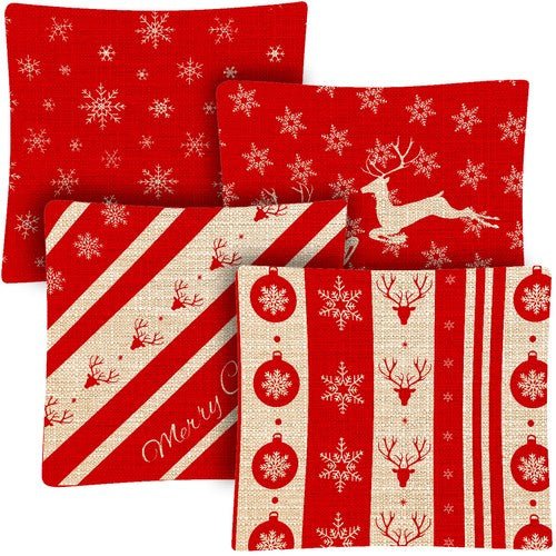 Weihnachten Kissenbezüge 4er - Set 40x40 cm Rot Leinen Dekokissen mit Reißverschluss - Easy2sell - Deluxe