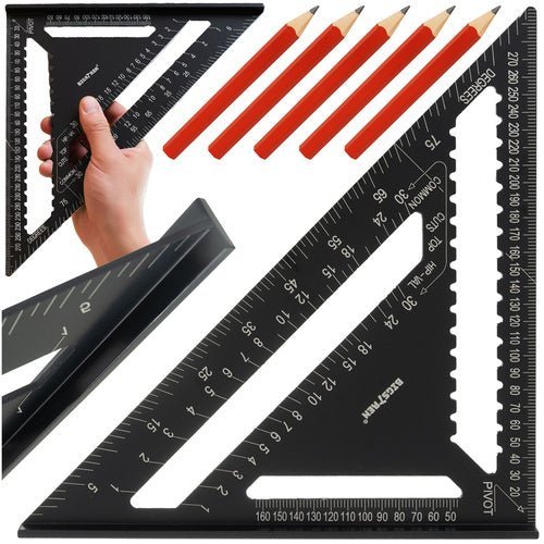 Zimmermannswinkel 30cm Aluminium Schwarz 90°/45° Set mit 5 Bleistiften - Easy2sell - Deluxe