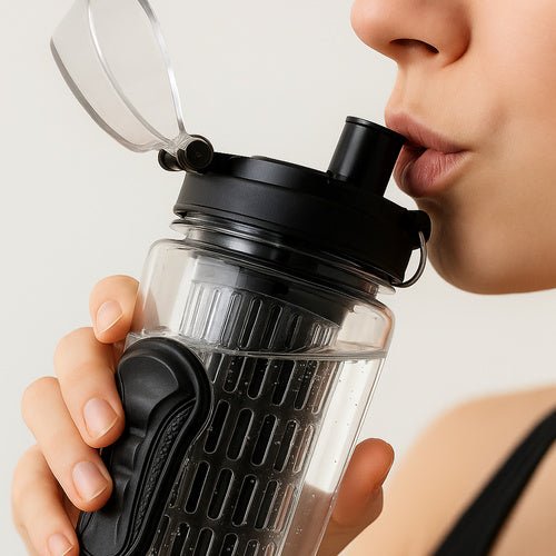 1 - Liter - Trinkflasche mit Fruchteinsatz, dicht, transparent/schwarz - Easy2sell - Deluxe