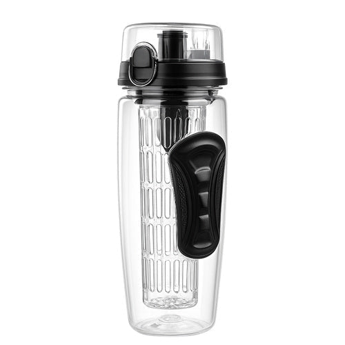1 - Liter - Trinkflasche mit Fruchteinsatz, dicht, transparent/schwarz - Easy2sell - Deluxe