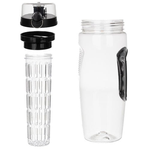 1 - Liter - Trinkflasche mit Fruchteinsatz, dicht, transparent/schwarz - Easy2sell - Deluxe
