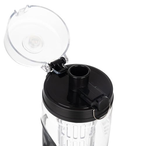 1 - Liter - Trinkflasche mit Fruchteinsatz, dicht, transparent/schwarz - Easy2sell - Deluxe