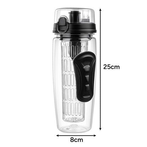 1 - Liter - Trinkflasche mit Fruchteinsatz, dicht, transparent/schwarz - Easy2sell - Deluxe