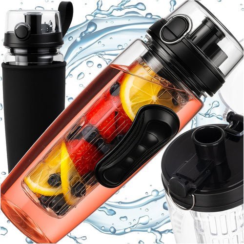1 - Liter - Trinkflasche mit Fruchteinsatz, dicht, transparent/schwarz - Easy2sell - Deluxe