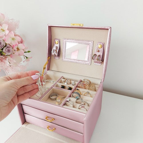 Schmuckkästchen Rosa mit Schloss 20 Fächer 2 Schubladen Spiegel abschließbar