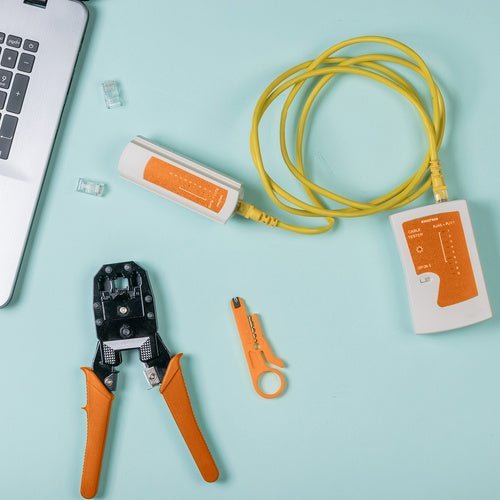 145 - tlg. Netzwerk - Kit mit Kabeltester und Werkzeug schwarz/orange - Easy2sell - Deluxe