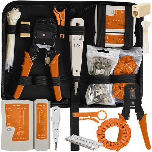 145 - tlg. Netzwerk - Kit mit Kabeltester und Werkzeug schwarz/orange - Easy2sell - Deluxe