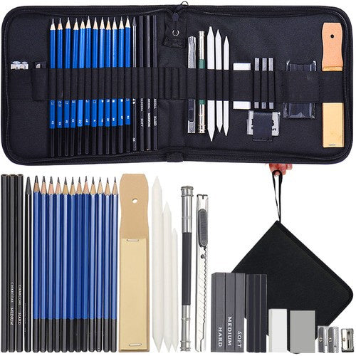 Skizziererset 32-teilig Zeichenset Bleistifte Kohle Radierer Etui schwarz Set