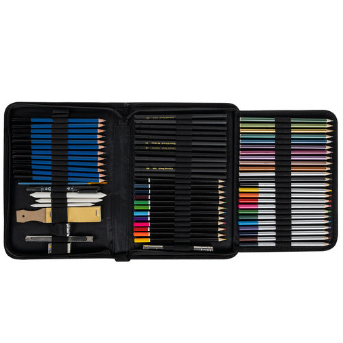 Zeichenkoffer 74-teilig Skizzier Set Buntstifte Bleistifte Kohle Schwarz Etui