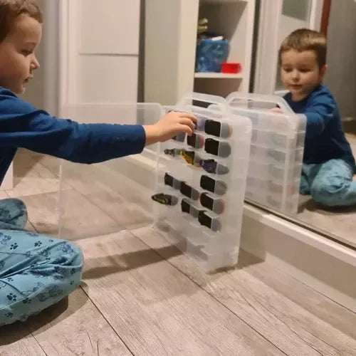 Auto-Koffer für 46 Spielzeugautos doppelseitig 46 Fächer Kunststoffbox PP klar